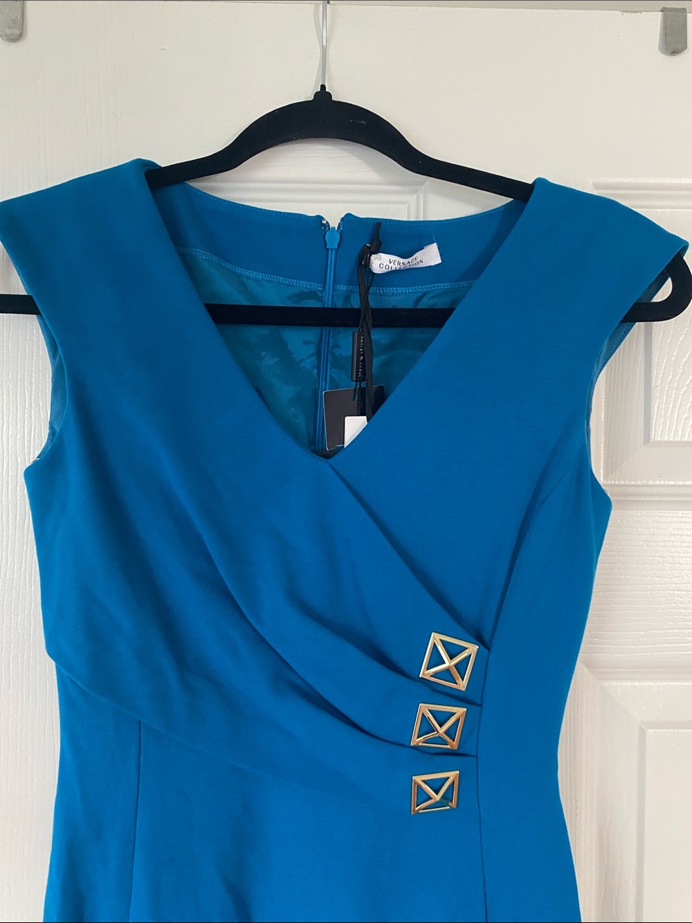 Versace Collection Teal Sheath Dress with Gold Buckles